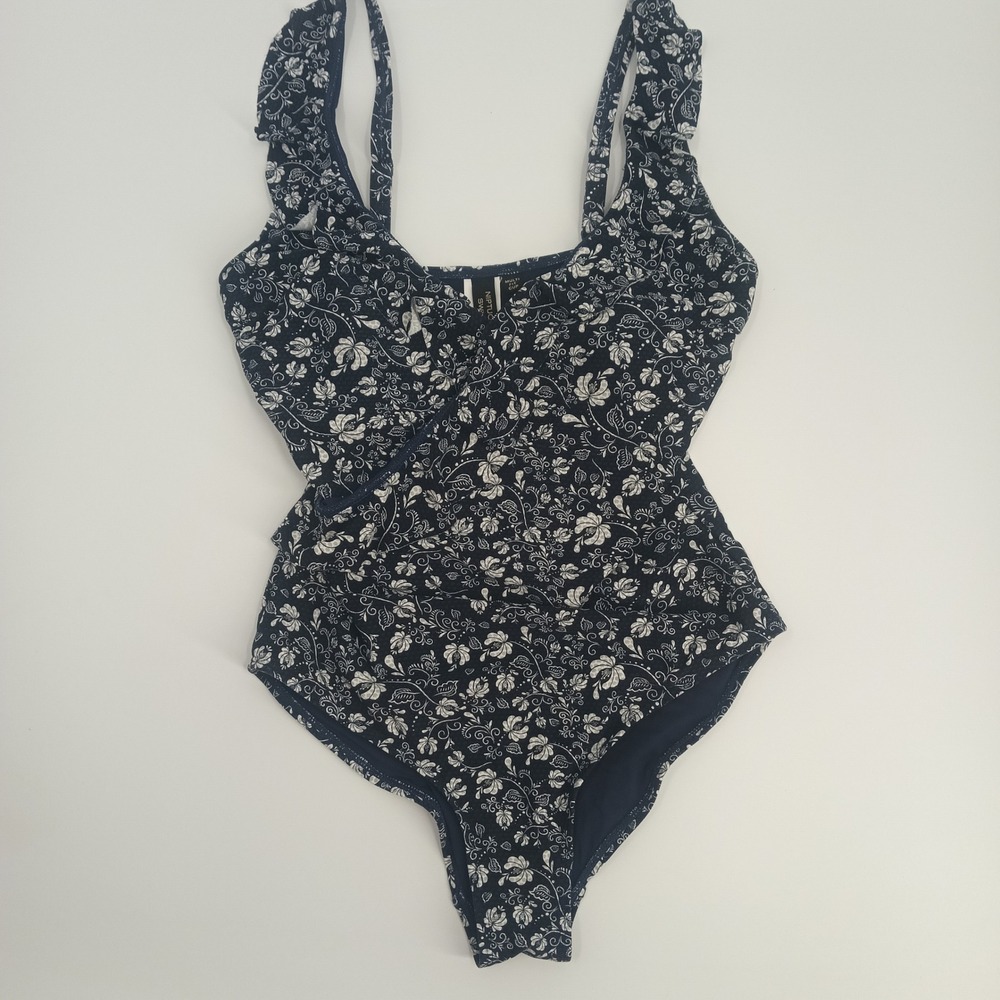 Niptuck Swim Womens Navy Floral Ruffle Wrap One Piece Swimsuit Multi Fit Cup 6